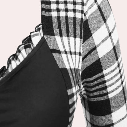 Zwart Wit Geruit Skaterjurkje Dames Lange Mouwen Elegant