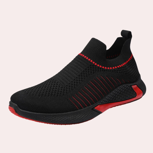 Zwarte instap sneaker met rood ademend en flexibel