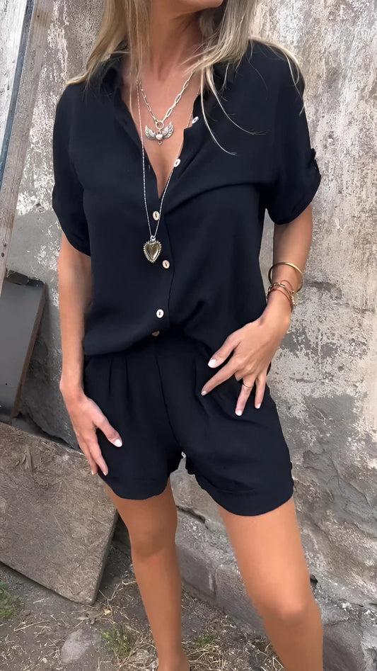 Zwarte korte mouw knoop dames zomer playsuit elegant