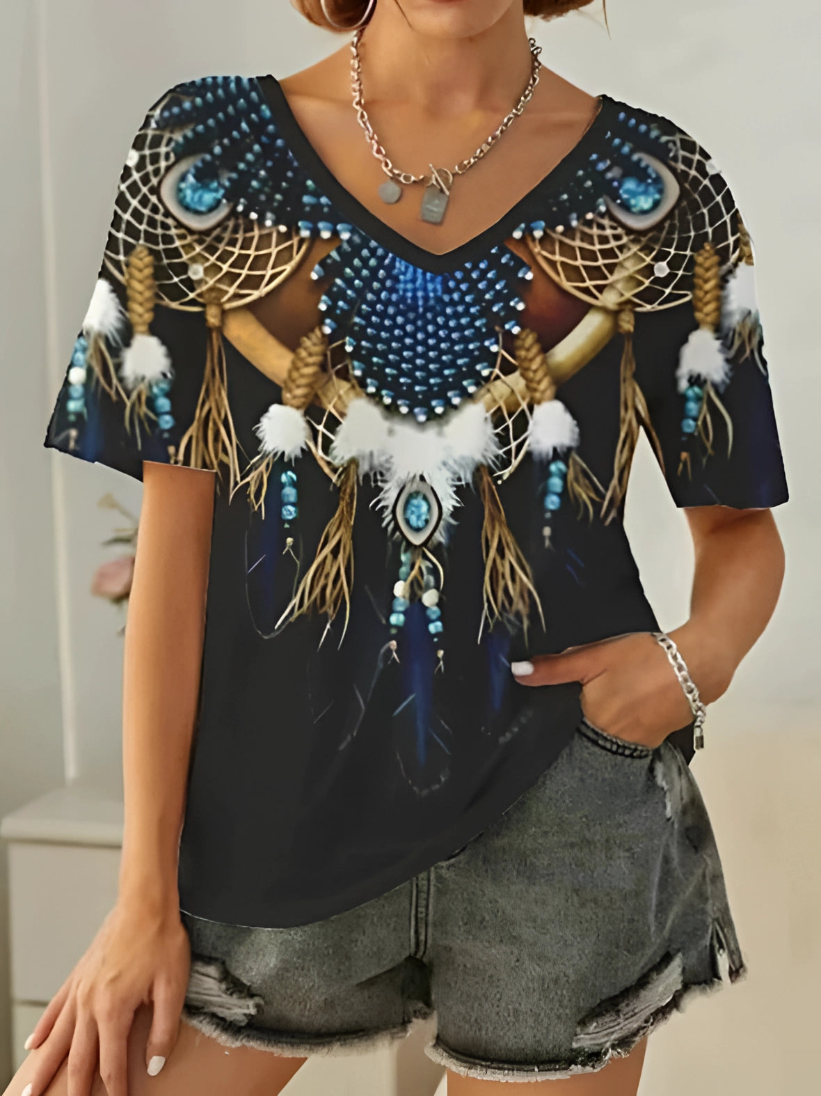 Zwart Tribal Print Boho Chic Dames T-shirt Streetstyle
