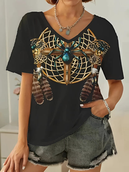 Zwart Tribal Print Boho Chic Dames T-shirt Streetstyle