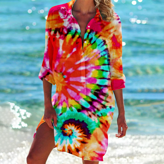 Zomerse dameshemd met tie-dye knoopsluiting boho stijl