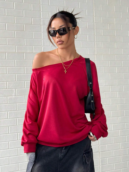 Greta's Effen Kleur Asymmetrische Lange Mouw Sweatshirt – Modieus en Trendy