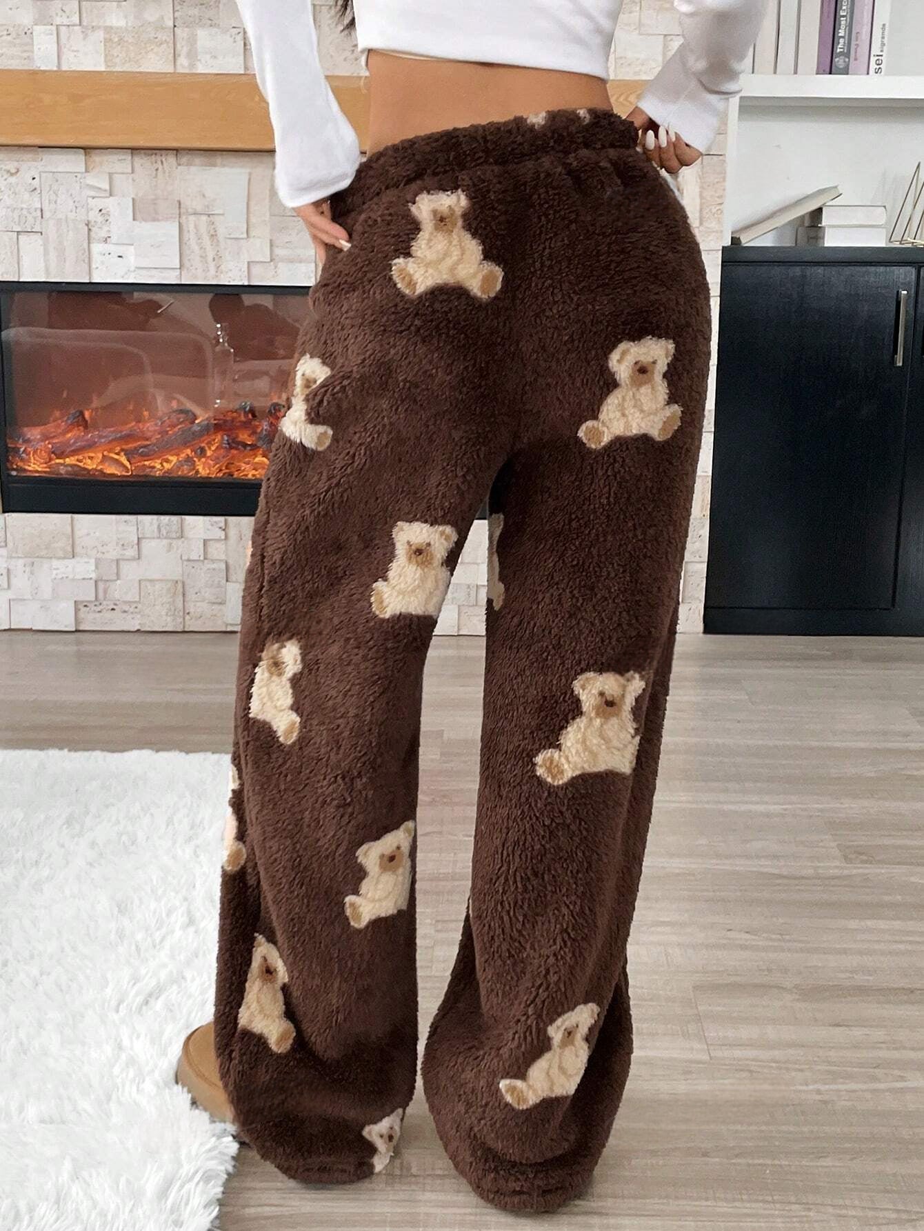 Dames Teddy Fleece Broek met Cartoon Beer & Trekkoord | Perfect voor Herfst/Winter
