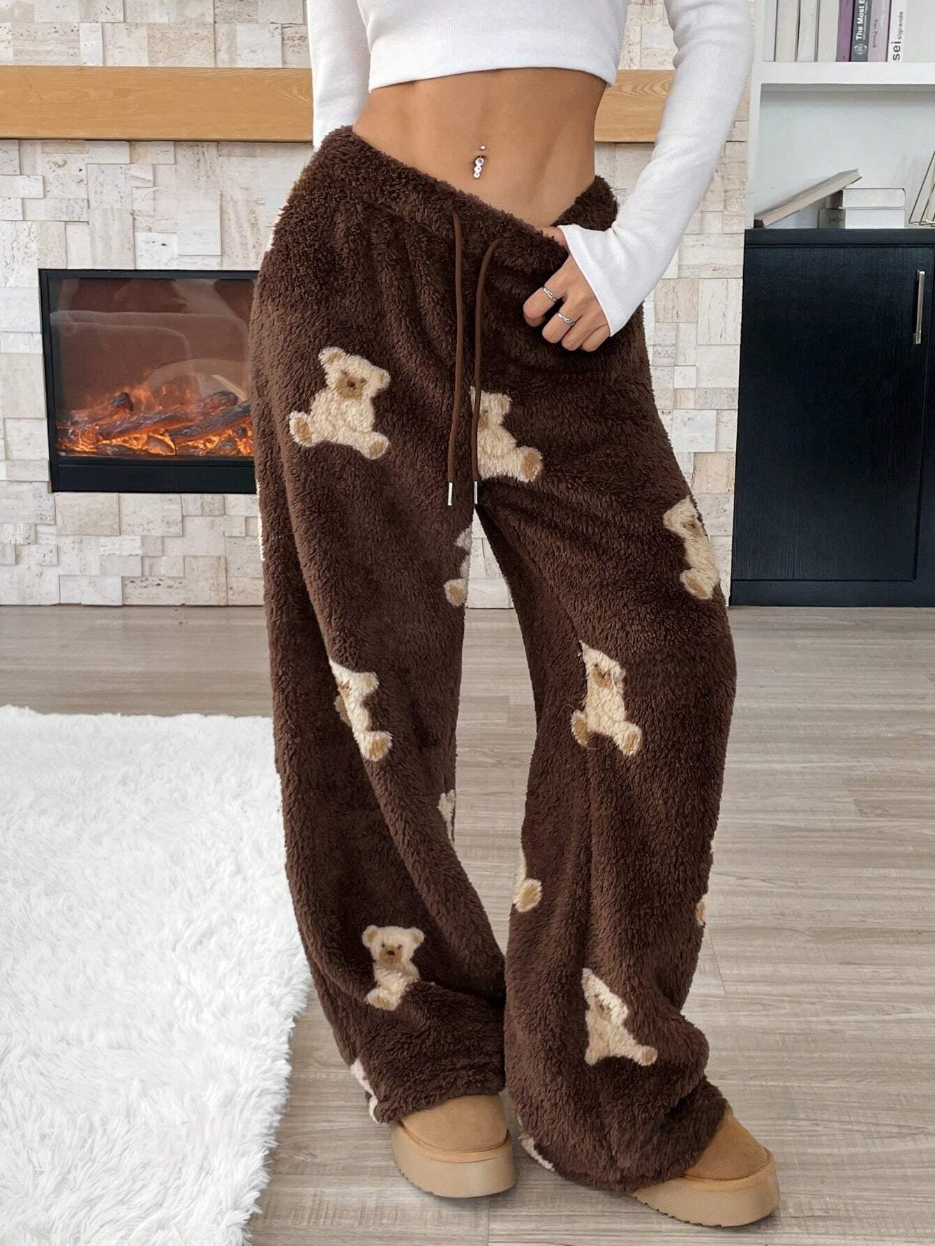 Dames Teddy Fleece Broek met Cartoon Beer & Trekkoord | Perfect voor Herfst/Winter