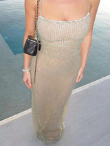 Charlotte's Sprankelende Spaghettibandjesjurk – Elegante Getailleerde Jurk met Sexy Split en Open Rug