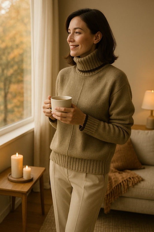 Khaki cashmere coltrui met contrasterende elementen voor dames | Ideaal voor herfst/winter