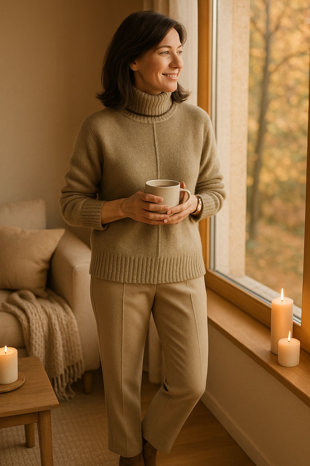 Khaki cashmere coltrui met contrasterende elementen voor dames | Ideaal voor herfst/winter