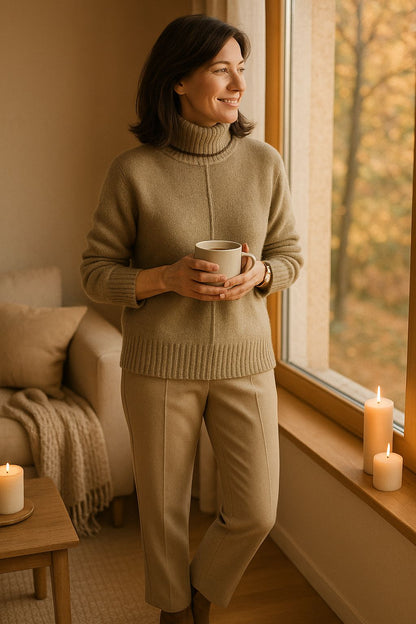 Khaki cashmere coltrui met contrasterende elementen voor dames | Ideaal voor herfst/winter