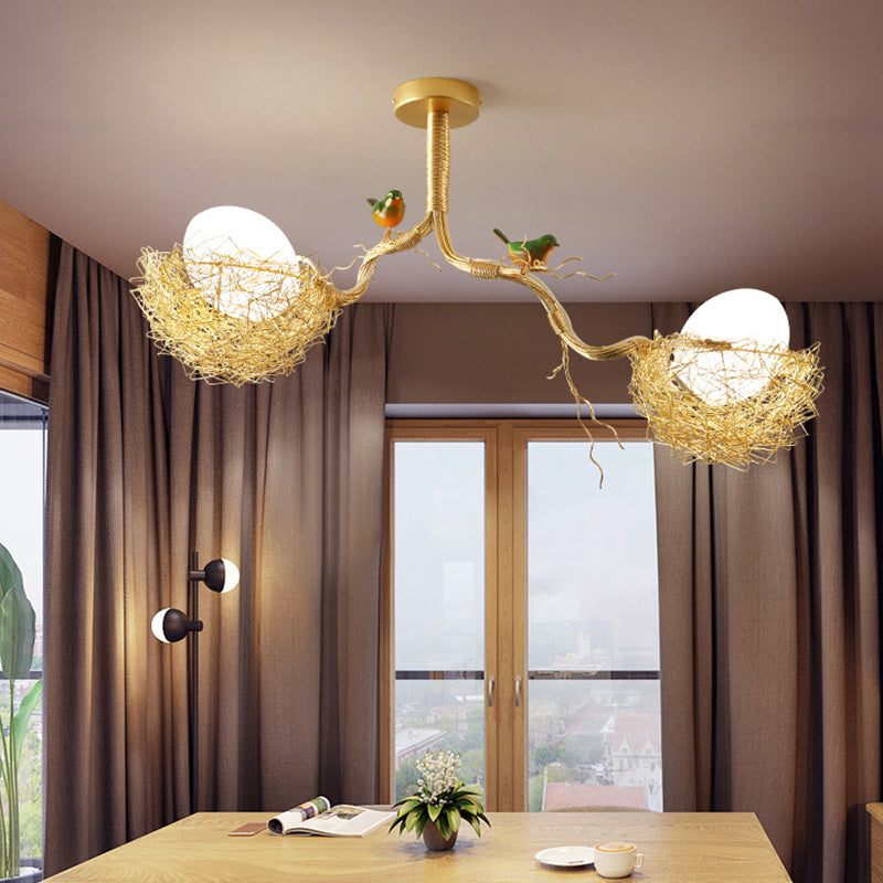 Art Deco glazen kroonluchter met gouden vogelmotief voor de woonkamer