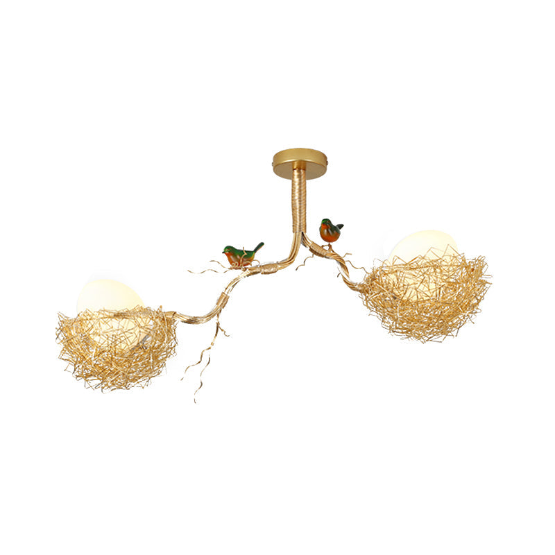 Art Deco glazen kroonluchter met gouden vogelmotief voor de woonkamer