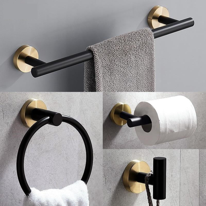 Badkameraccessoires Set Zwart Goud – Luxe Roestvrij Staal, Modern Ontwerp voor Stijlvolle Badkamer