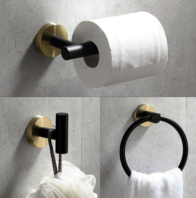 Badkameraccessoires Set Zwart Goud – Luxe Roestvrij Staal, Modern Ontwerp voor Stijlvolle Badkamer