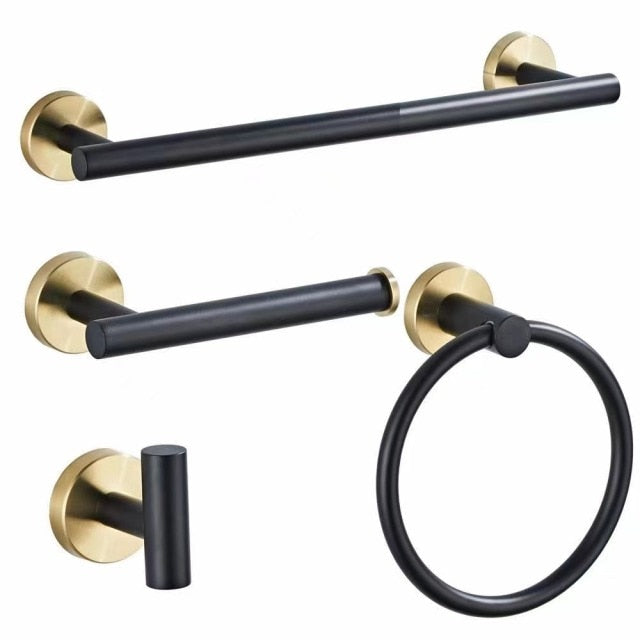 Badkameraccessoires Set Zwart Goud – Luxe Roestvrij Staal, Modern Ontwerp voor Stijlvolle Badkamer