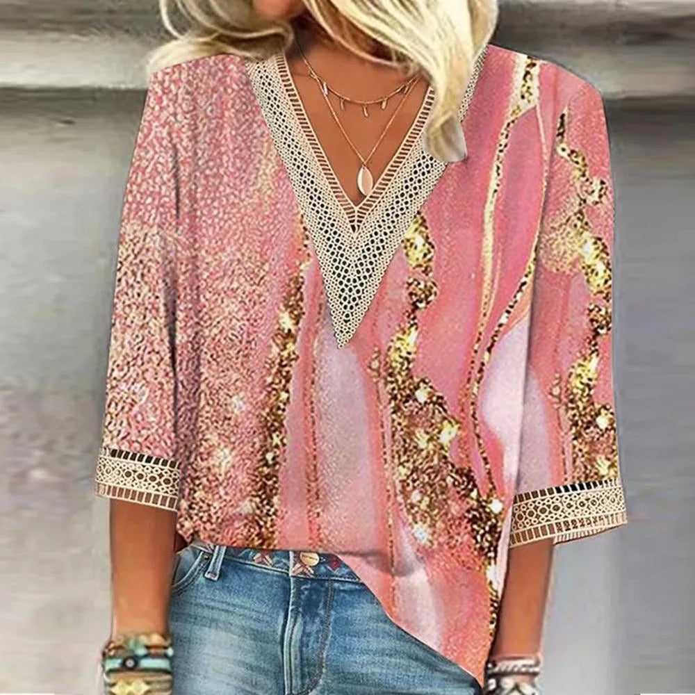 Fleece damesblouse met V-hals in rosa elegant design