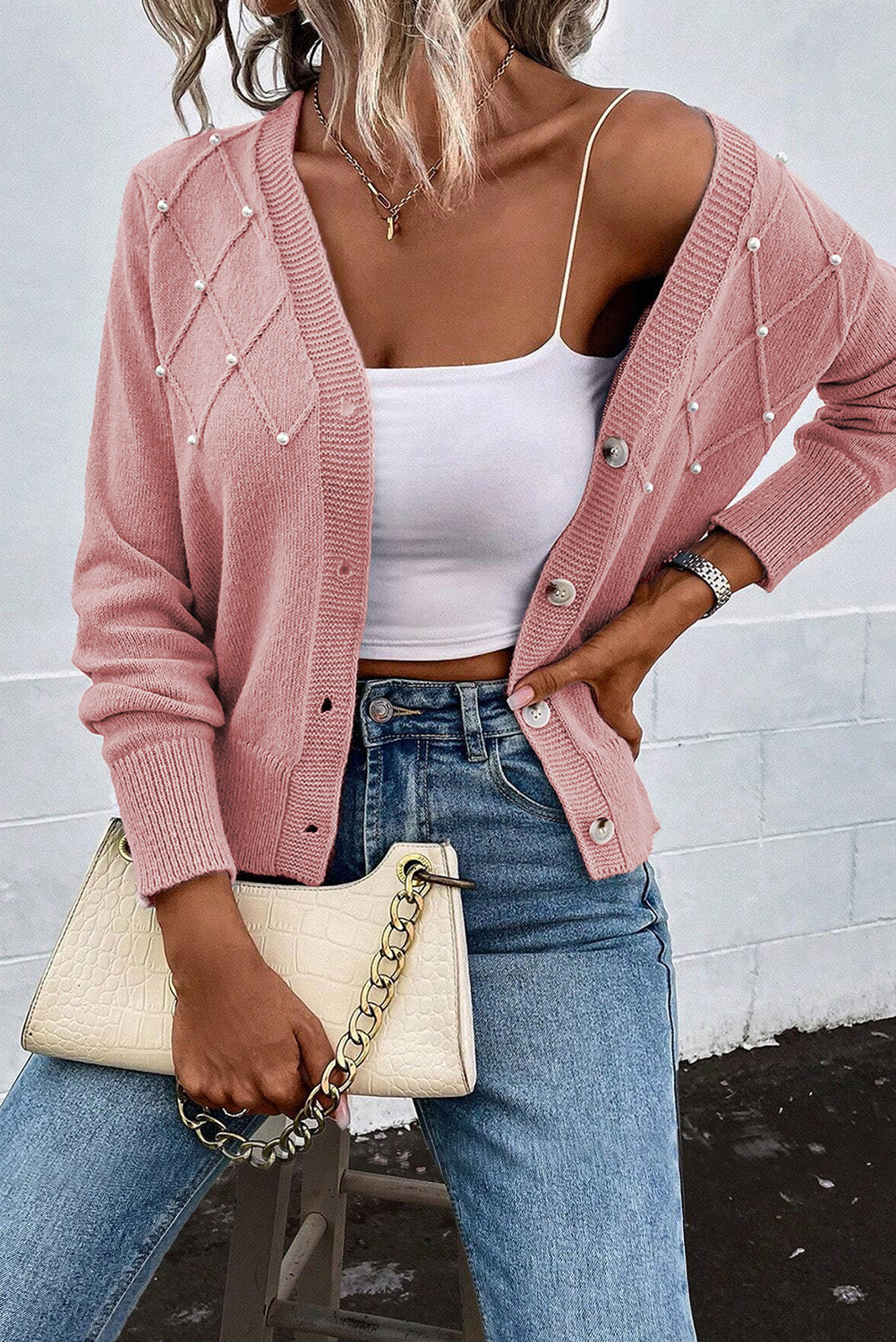 Roze kasjmier vest met parel voor dames | Ideaal voor herfst/winter