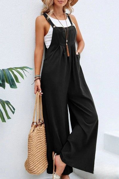 Linnen jumpsuit met verstelbare riem voor vrouwen, losjes met vierkante hals, ideaal voor de zomer