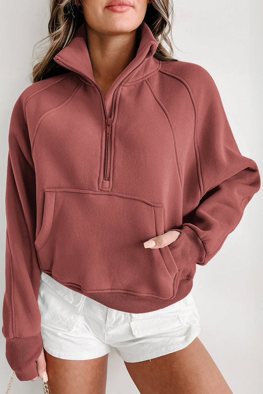 Stijlvolle Bruine Sweatshirt met Rits, Opstaande Kraag en Duimgaten – Perfect voor Casual Comfort