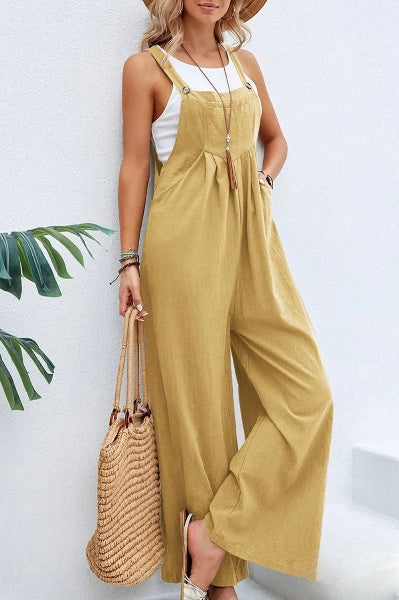 Linnen jumpsuit met verstelbare riem voor vrouwen, losjes met vierkante hals, ideaal voor de zomer