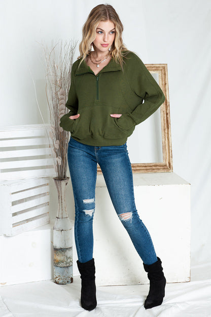 Stijlvolle Bruine Sweatshirt met Rits, Opstaande Kraag en Duimgaten – Perfect voor Casual Comfort