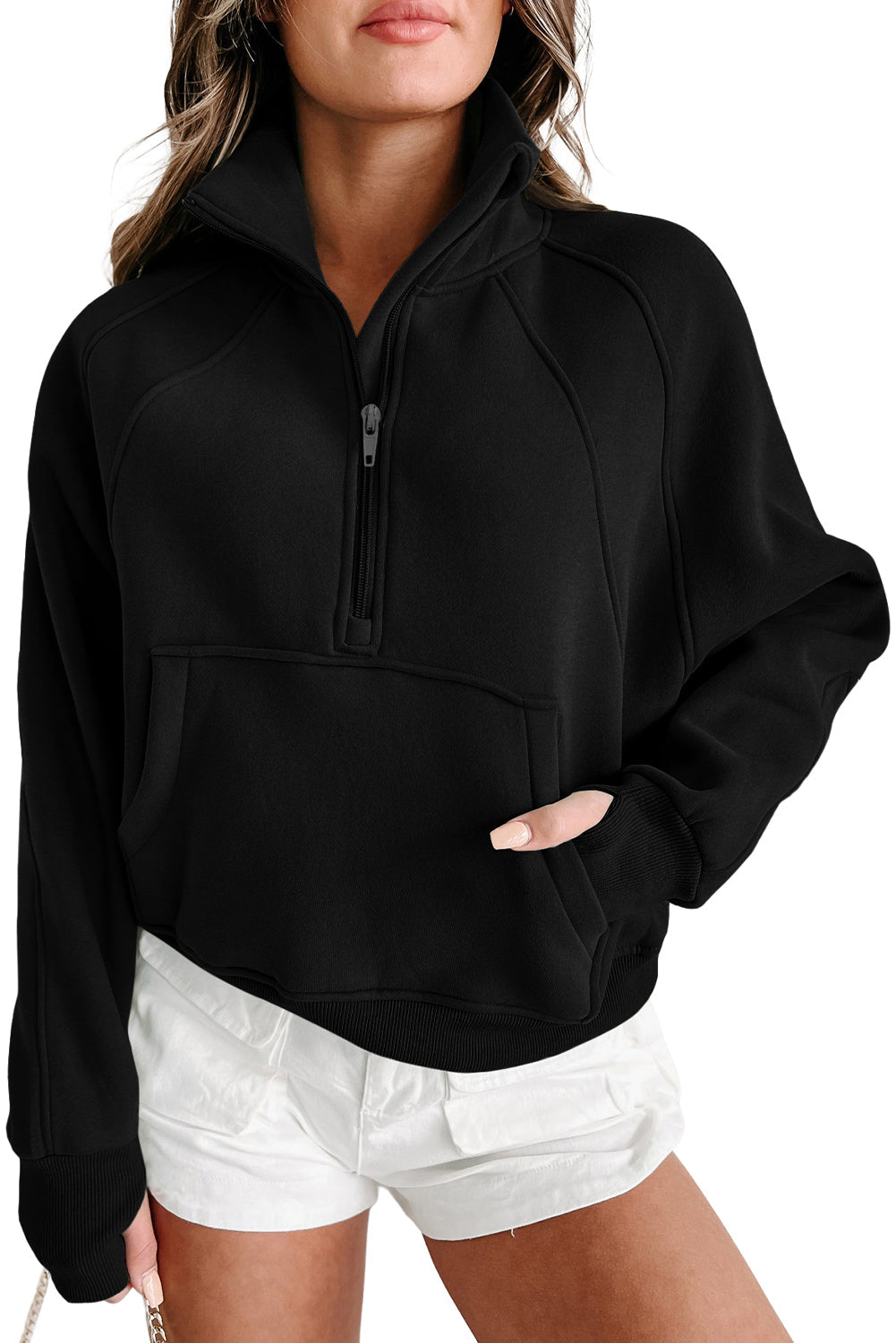 Stijlvolle Bruine Sweatshirt met Rits, Opstaande Kraag en Duimgaten – Perfect voor Casual Comfort