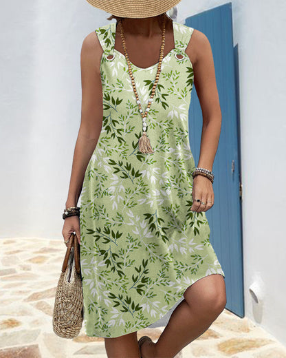 Groene zure mouwloze jurk met bladprint casual