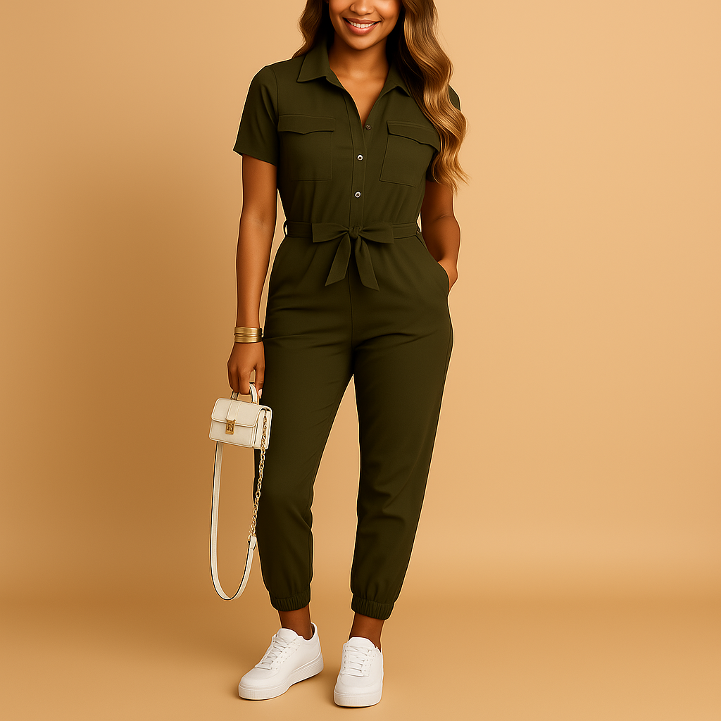 Getailleerde jumpsuit voor dames met knoopsluiting en flatterende pasvorm | Elvira
