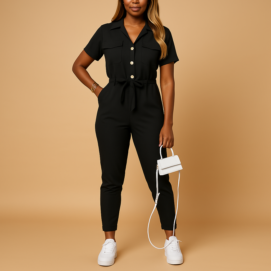 Getailleerde jumpsuit voor dames met knoopsluiting en flatterende pasvorm | Elvira