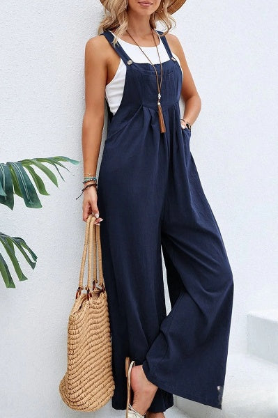 Linnen jumpsuit met verstelbare riem voor vrouwen, losjes met vierkante hals, ideaal voor de zomer