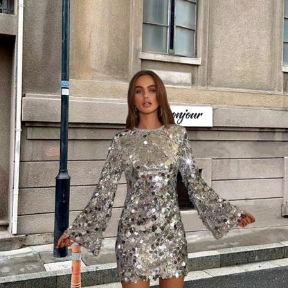 Zilveren Pailletten Mini Feestjurk Stralend en Elegant