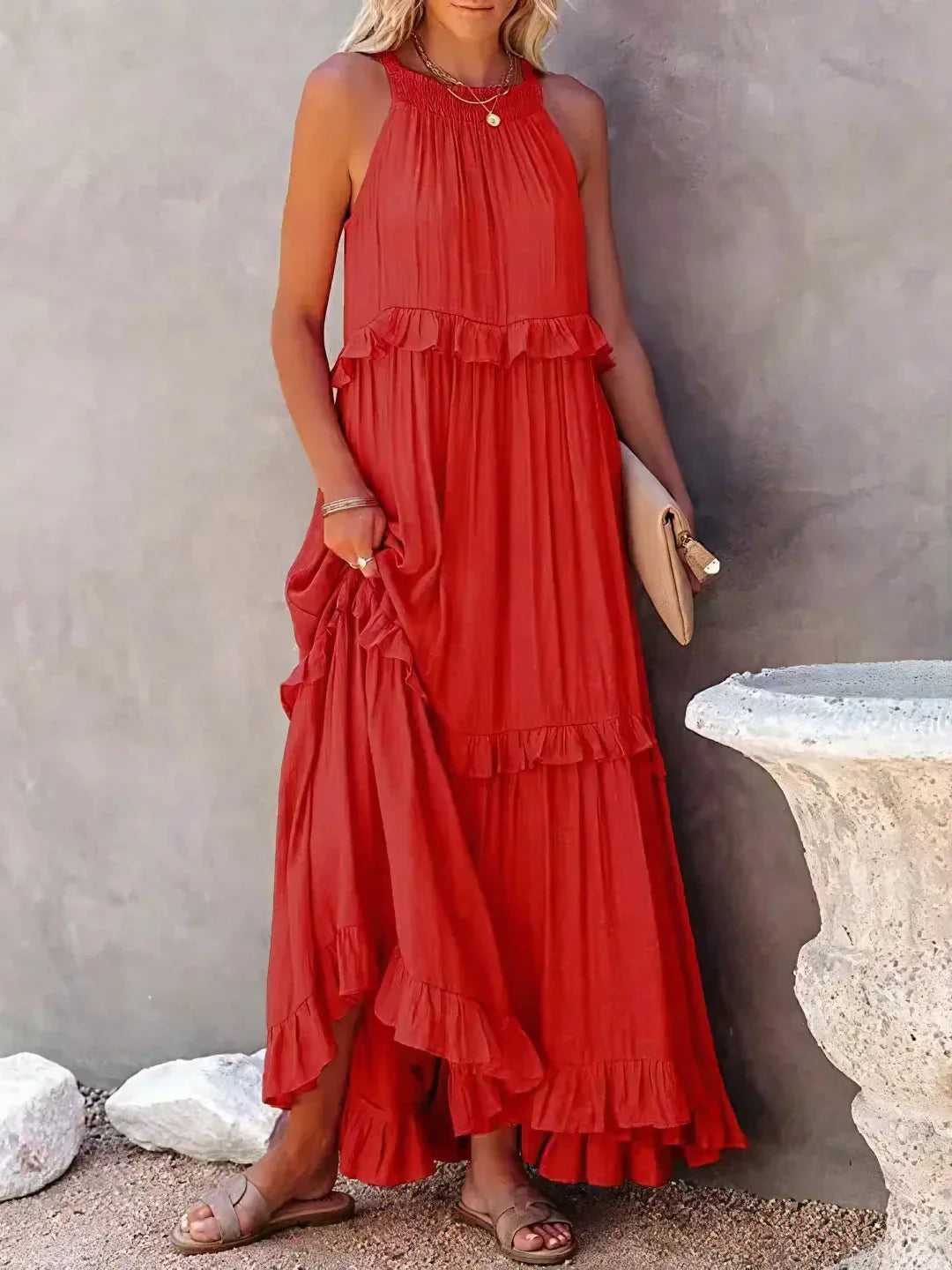 Zwierige maxi jurk met ruches in Zuri-stijl elegant