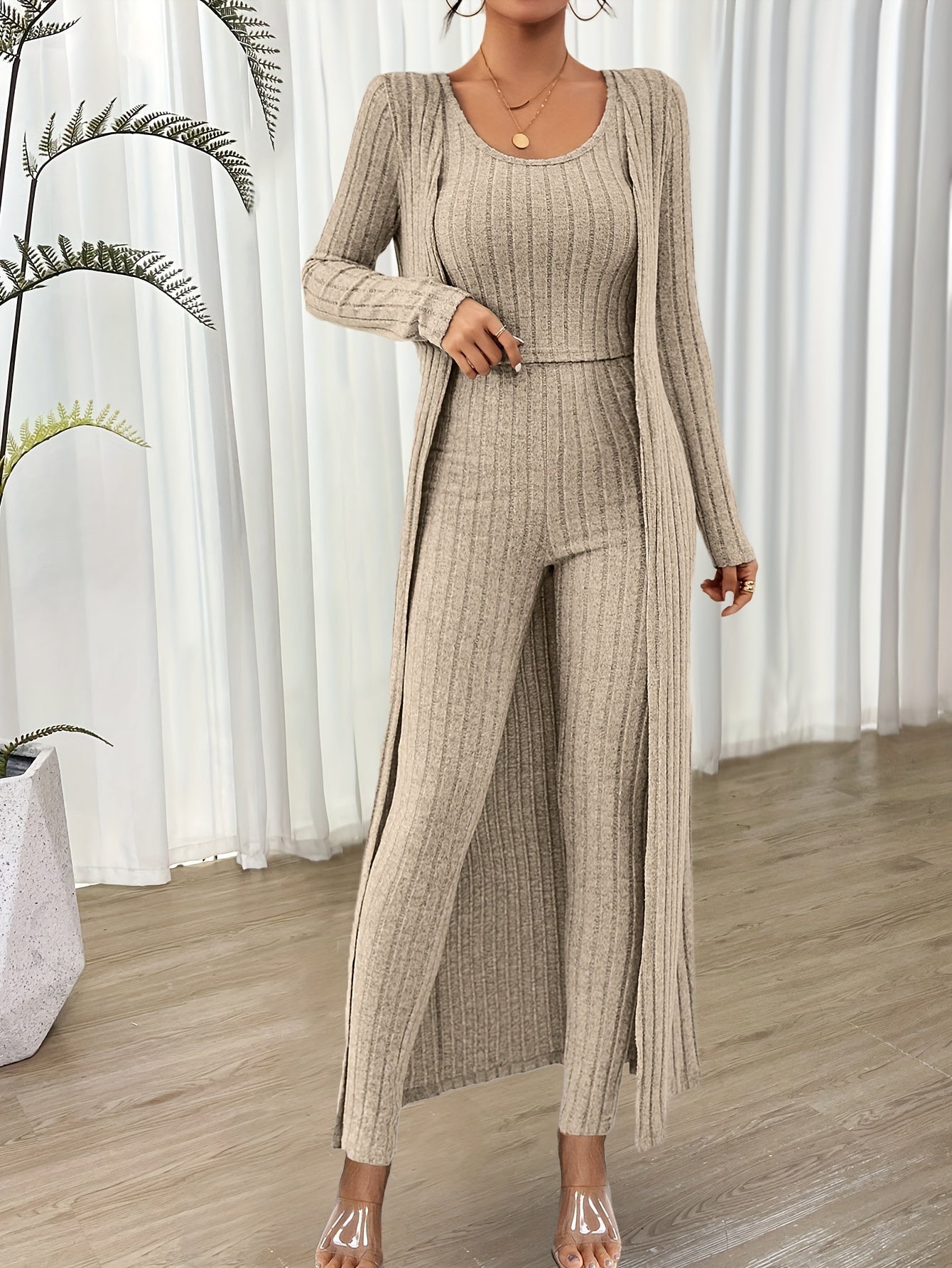 Chloé | Modieuze Geribbelde Crop Top, Lange Mouwen Cardigan en Hoge Taille Broekenset voor Dames | Ideaal voor Herfst/Winter