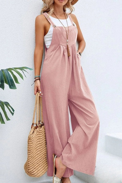 Linnen jumpsuit met verstelbare riem voor vrouwen, losjes met vierkante hals, ideaal voor de zomer