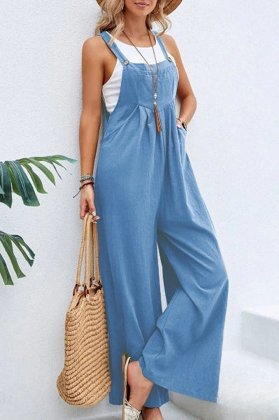 Linnen jumpsuit met verstelbare riem voor vrouwen, losjes met vierkante hals, ideaal voor de zomer