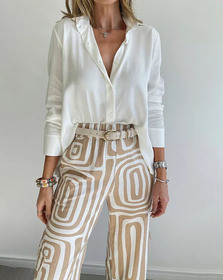 Zinnia broek hoge taille geometrisch patroon khaki