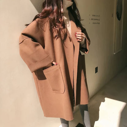 Zwarte oversized wollen trenchcoat dames elegant