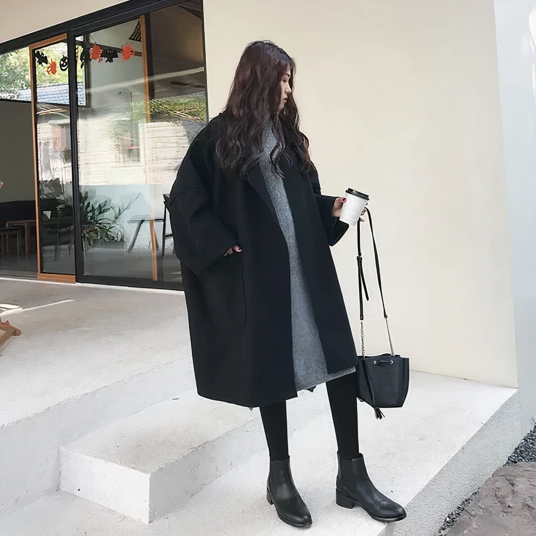 Zwarte oversized wollen trenchcoat dames elegant