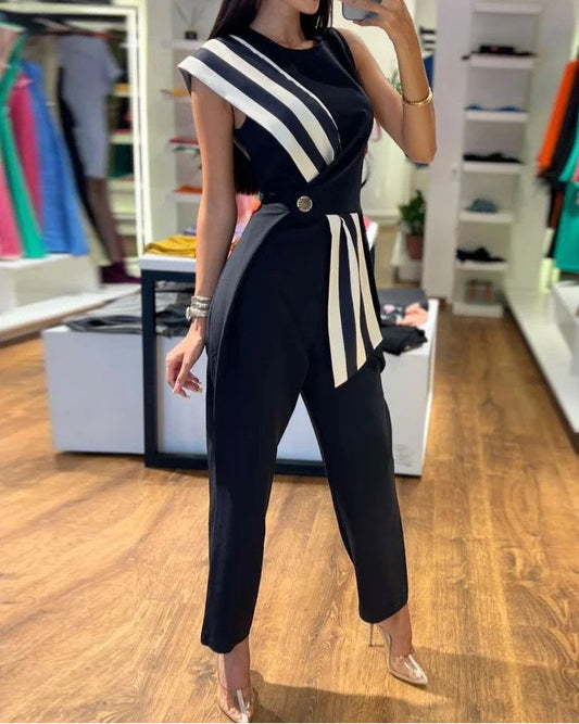 Elegante gestreepte jumpsuit met één schouder en riem voor dames, ideaal voor lente/zomer