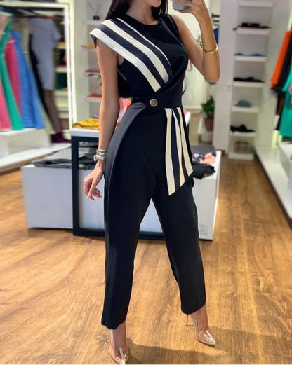 Elegante gestreepte jumpsuit met één schouder en riem voor dames, ideaal voor lente/zomer