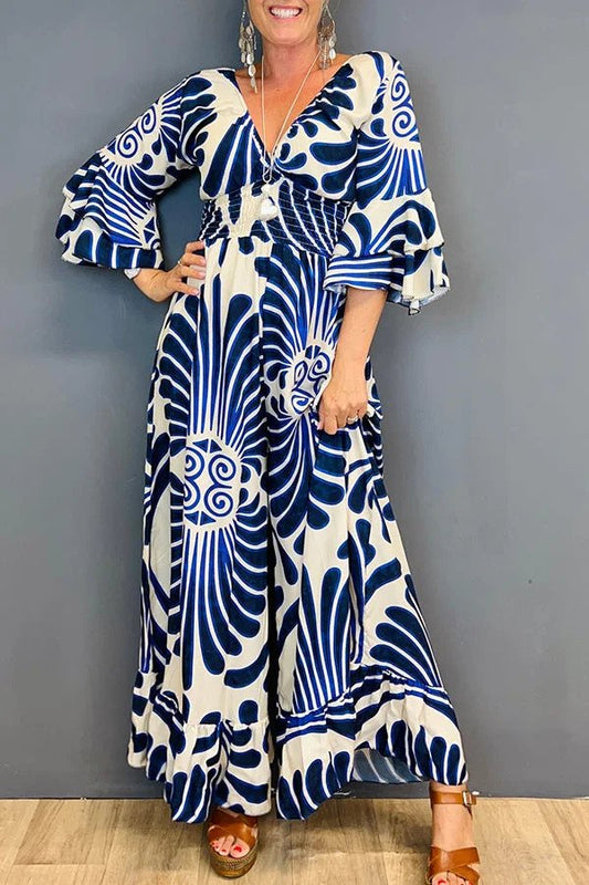 Retro V-hals jumpsuit met bloemenpatroon voor dames | Ideaal voor lente/zomer
