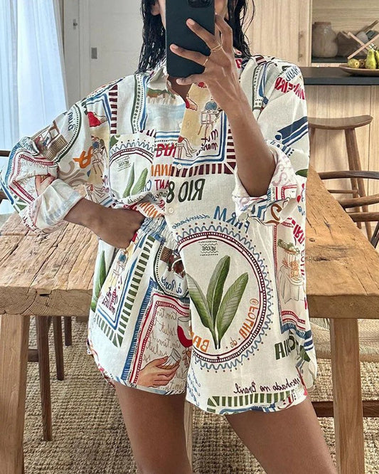 Trendy Boho Lange Mouw Blouse en Korte Broek Tweedelige Set Voor Vrouwen | Ideaal Voor Lente/Zomer