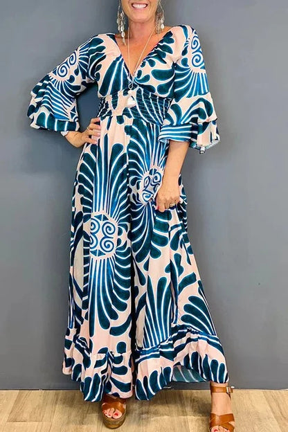 Jumpsuit met V-hals en bloemenprint voor dames, vintage, gerimpeld, ideaal voor de zomer