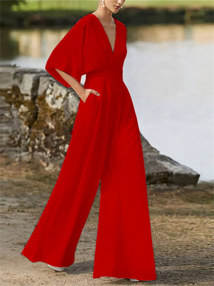 Stijlvolle jumpsuit met V-hals, wijde pijpen en vleermuismouwen voor dames | Ideaal voor de lente/zomer