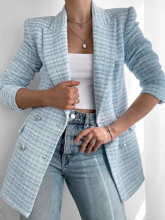 Elegante halflange lichtblauwe Tweed Blazer met Knopen Voor Vrouwen | Ideaal Voor Alle Seizoenen
