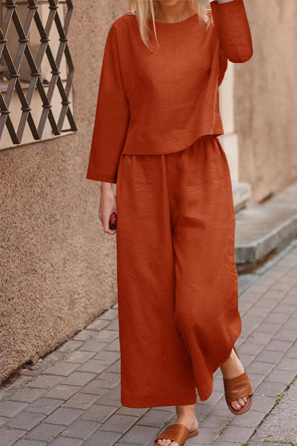 Elegante linnen damescollectie met lange mouw top en wijde broek | ideaal voor lente/zomer