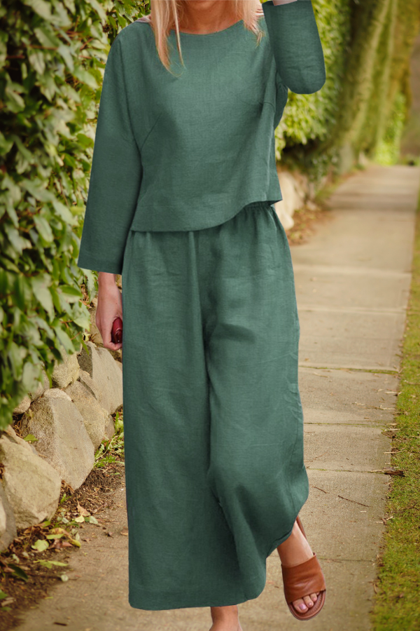 Elegante linnen damescollectie met lange mouw top en wijde broek | ideaal voor lente/zomer