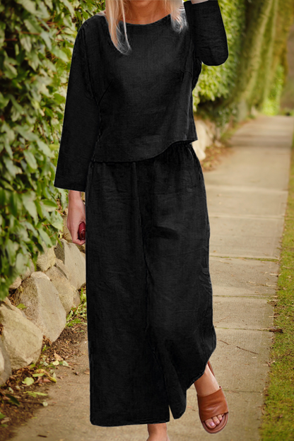 Elegante linnen damescollectie met lange mouw top en wijde broek | ideaal voor lente/zomer