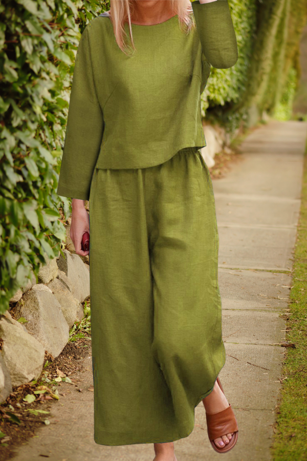 Elegante linnen damescollectie met lange mouw top en wijde broek | ideaal voor lente/zomer