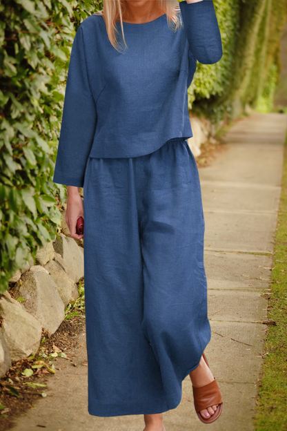 Elegante linnen damescollectie met lange mouw top en wijde broek | ideaal voor lente/zomer