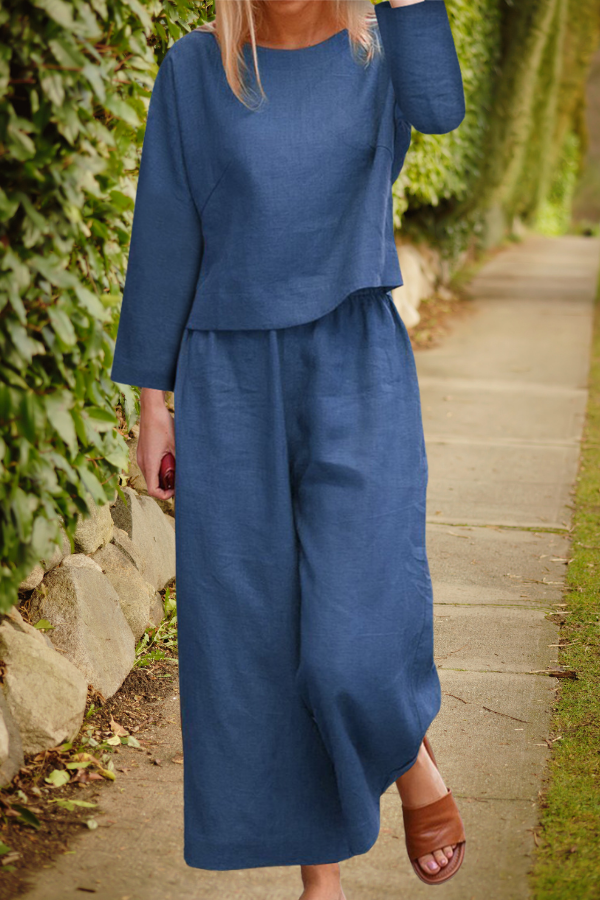 Elegante linnen damescollectie met lange mouw top en wijde broek | ideaal voor lente/zomer